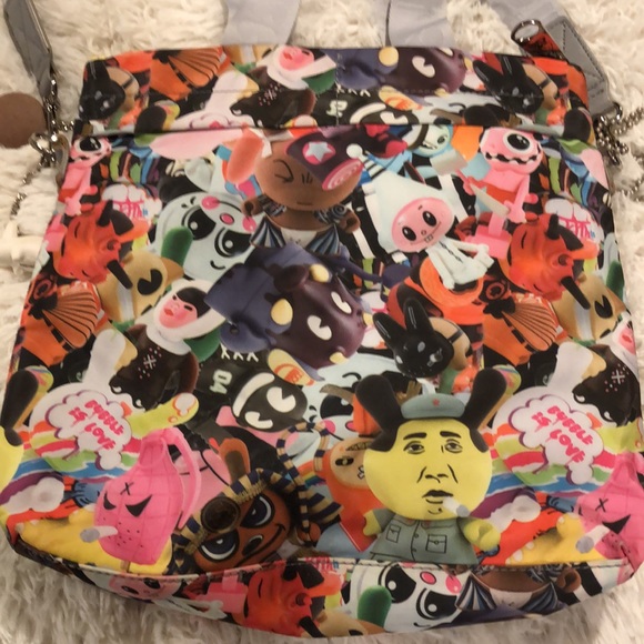 Kidrobot Purse/ Tote/ Satchel with Grey strap Multicored Print Robot messenger - Picture 6 of 14